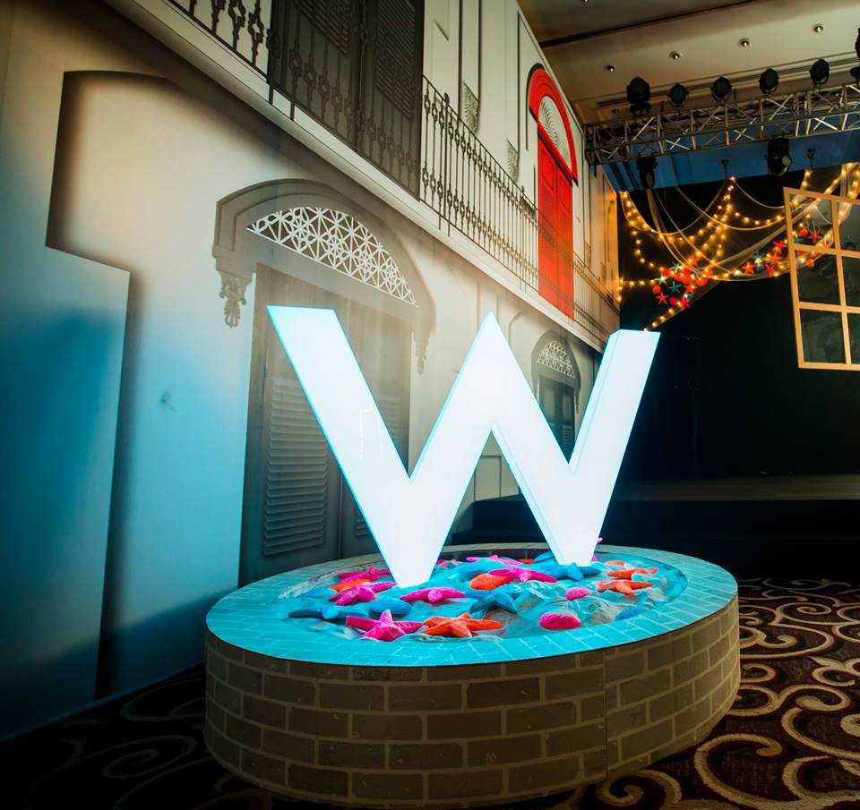 W logo on top of a blue stand in Goa