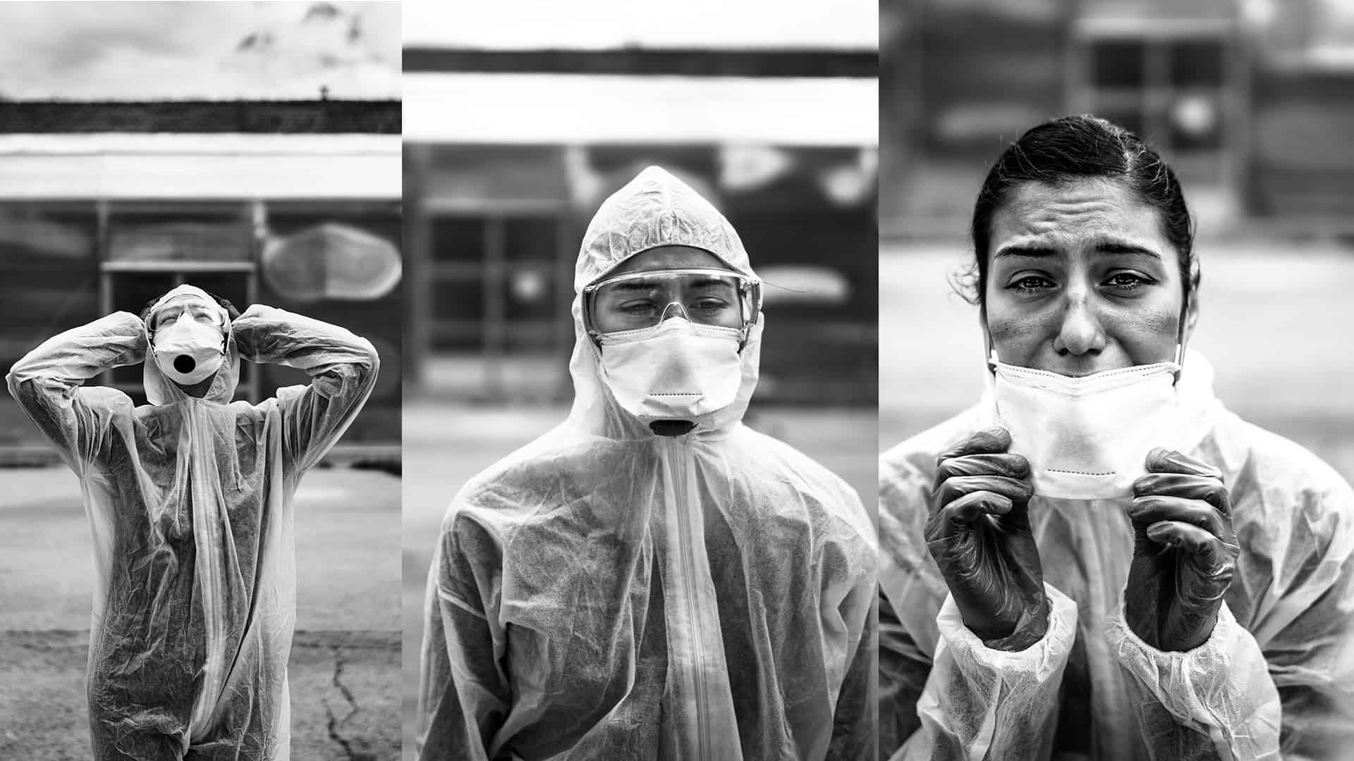 Black and white photo of health care professionals during the pandemic