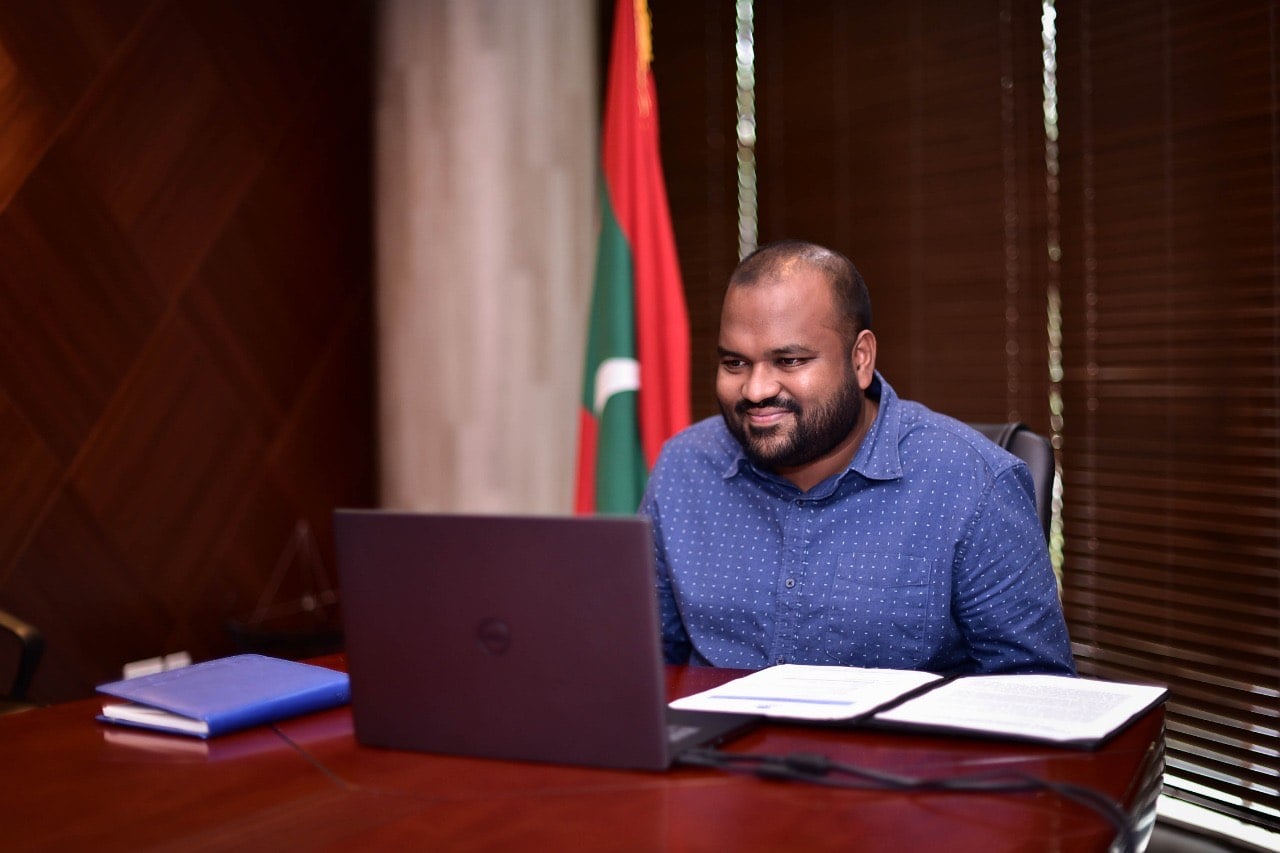 Minister of Toursim of Maldives, Ali Waheed in his office attending the UNWTO webinar