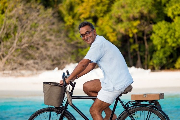 Sonu Shivdasani enjoying a bicycle ride in the beautiful resort of Soneva.