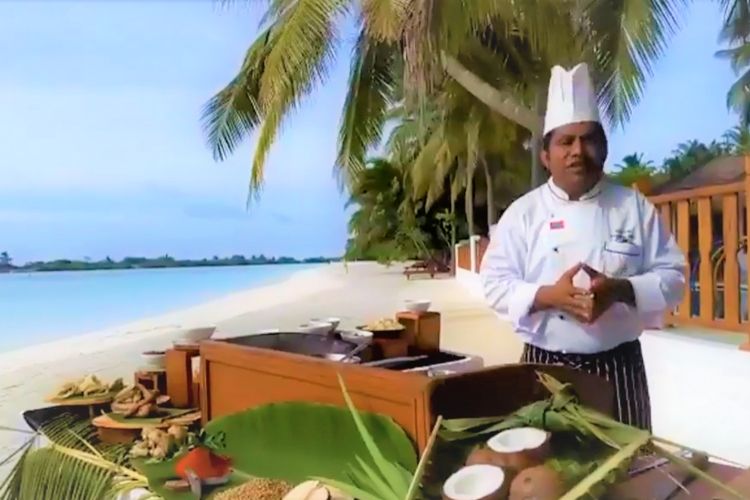 Award winning of Maldives, Chef Ishag , presenting a dish in the beautiful beach of Paradise Island Resort.