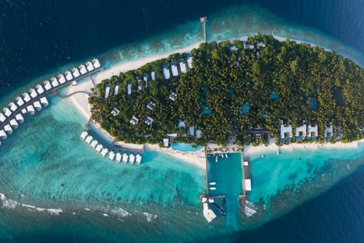Aerial view of maldives resort Amilla Maldives