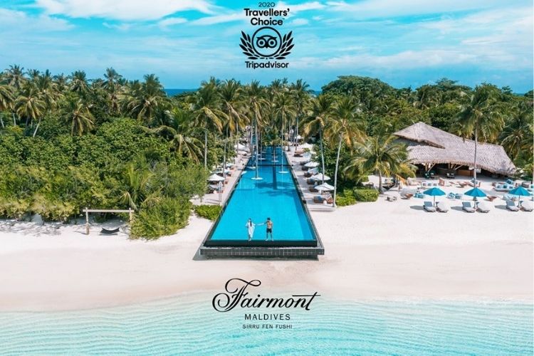 aerial side view of fairmont Maldives resort