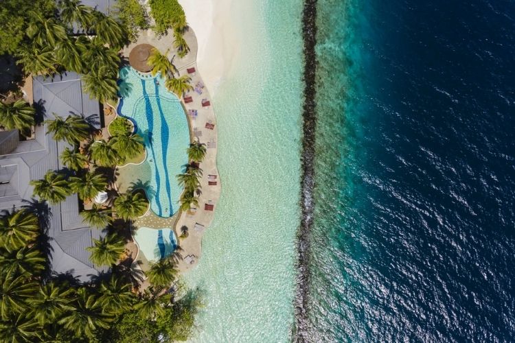 aerial view of maldives resort, Royal island resort & spa