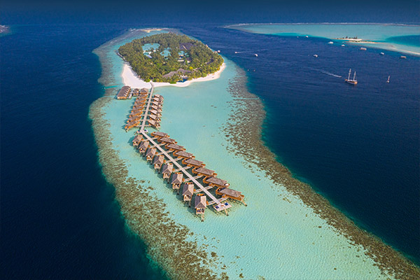 Ariel View of Vilamendhoo , a crown and champa property in maldives.
