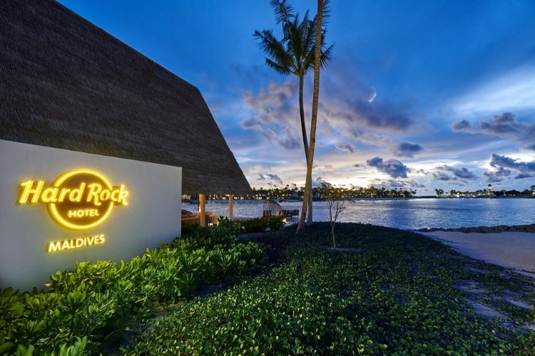 Hard Rock Hotel Maldives entrance at sunset