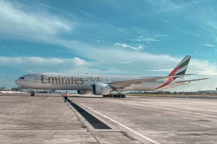 An emirates flight at Velana International Airport, Maldives