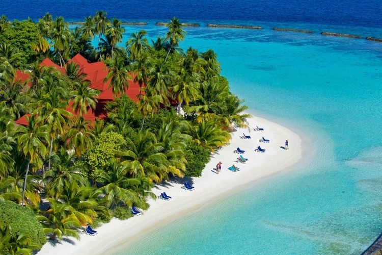Maldives resort aerial beach and island
